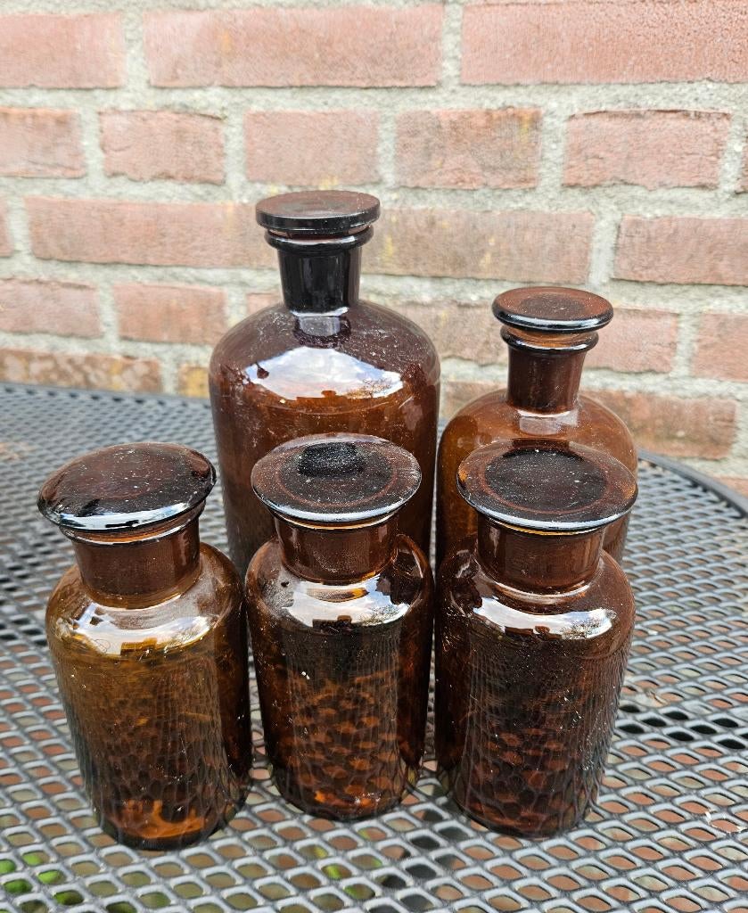 5 Bruine glazen apothekerspotten met glazen stop, Ophalen of Verzenden, Huis en Inrichting