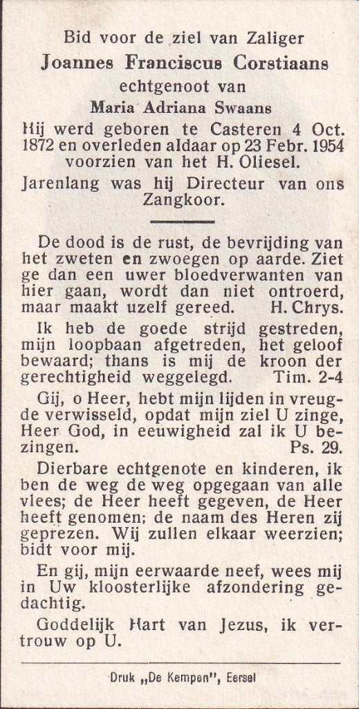 Corstiaans Joannes 1872 Casteren 1954, Ophalen of Verzenden, Bidprentje