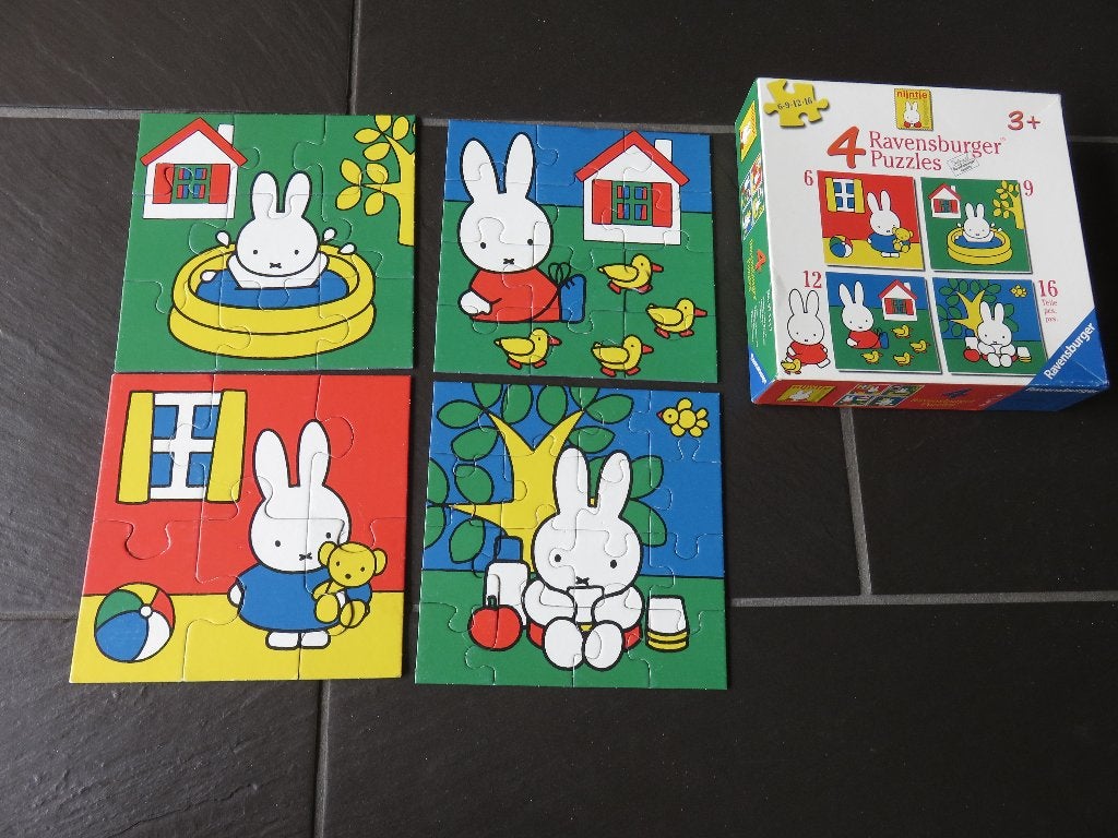 Nijntje 4 puzzels 6, 9, 12 en 16 stukjes., Ophalen of Verzenden, 10 tot 50 stukjes, Gebruikt, 2 tot 4 jaar