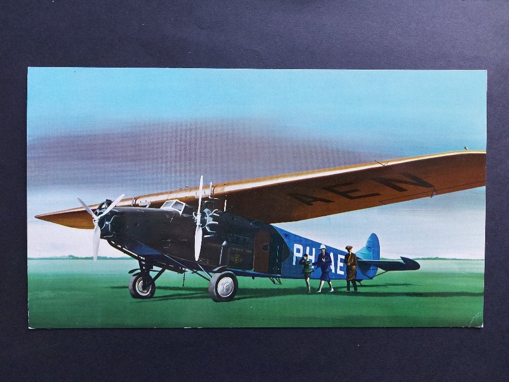 Grote ansichtkaart met getekende KLM Fokker F.VIIb (A198), Ophalen of Verzenden, Gebruikt, Kaart, Foto of Prent