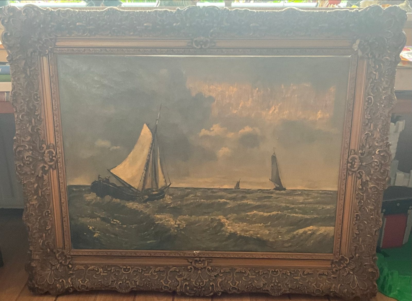 Antiek olieverfschilderij: Zeegezicht met zeilboten, Antiek en Kunst, Kunst | Schilderijen | Klassiek, Ophalen, Maritiem / water