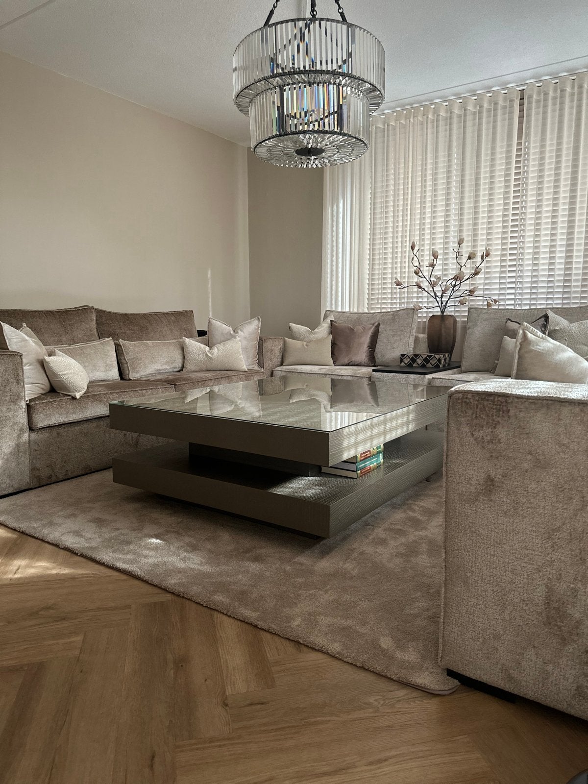 Luxe hamburger Salontafel & Eettafel Set - Eikenfineer Taupe, Huis en Inrichting, Ophalen, Eikenhout, 50 tot 100 cm, Zo goed als nieuw