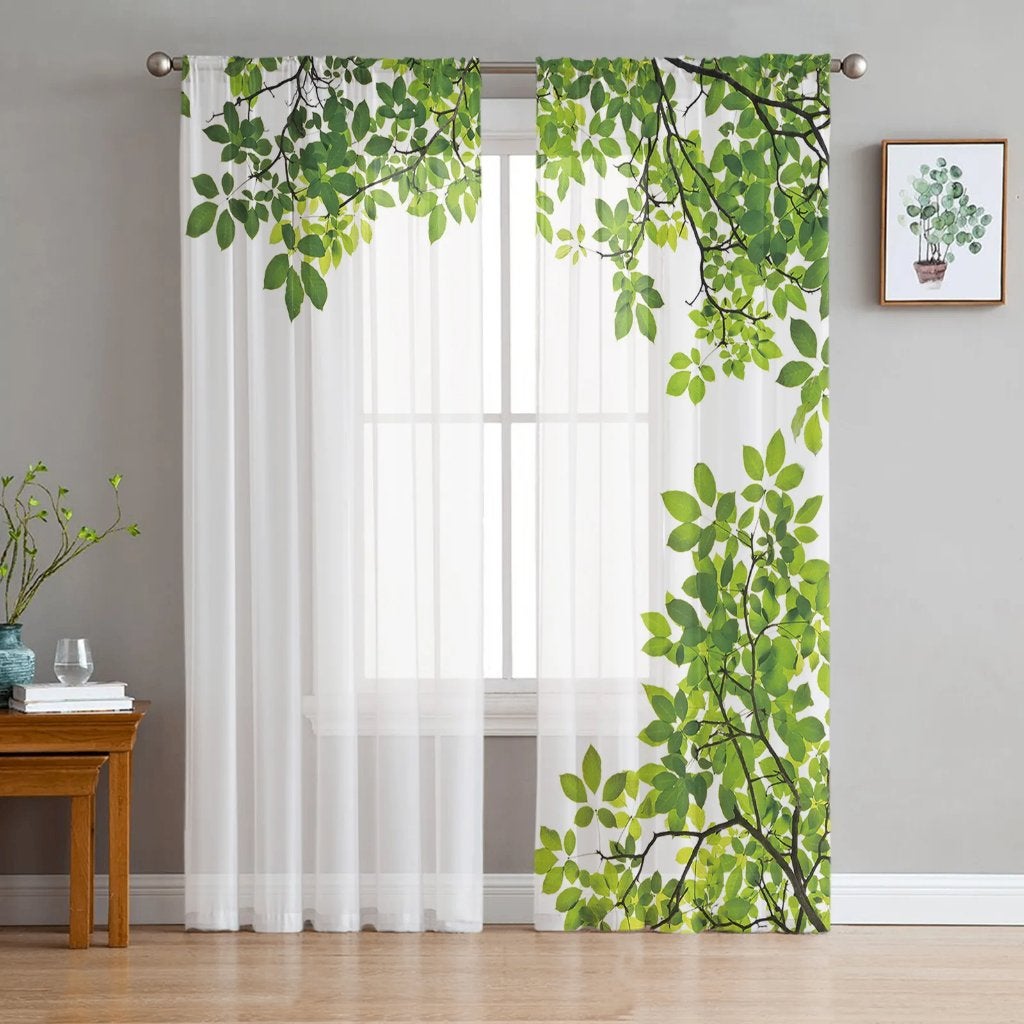 Witte Gordijnen Met Groene Bladeren Wit Vitrage Gordijn, Verzenden, Nieuw, Wit