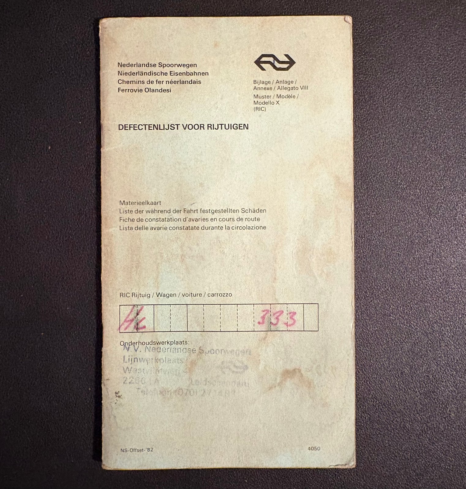 Zakboekje NS ‘Defectenlijst voor rijtuigen’ (1982), Verzamelen, Ophalen of Verzenden, Gebruikt, Trein, Boek of Tijdschrift