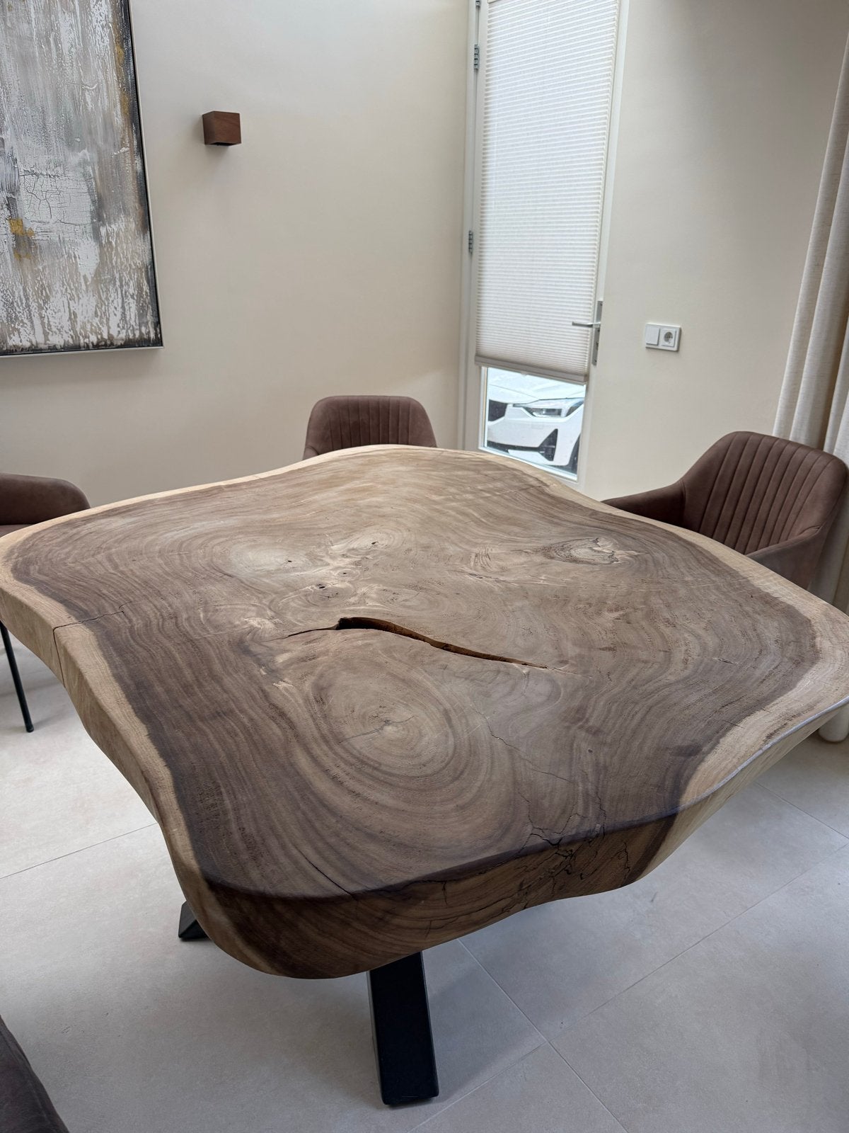 Unieke Suar Houten Eettafel met Stalen X-poot, Ophalen, 100 tot 150 cm, 200 cm of meer, Zo goed als nieuw