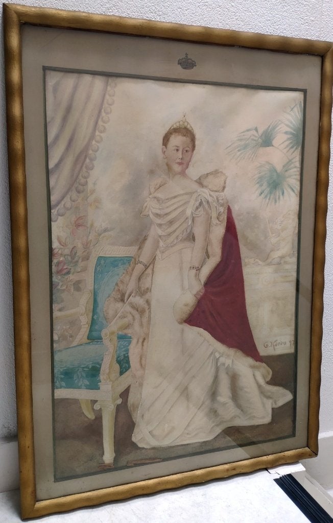 Koningin Wilhelmina staatsieportret 1897 kunst G. Karau, Verzamelen, Ophalen, Gebruikt, Nederland, Kaart, Foto of Prent