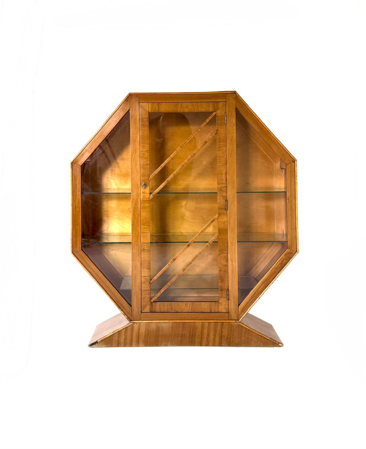Vintage Art Deco octagonale vitrinekast jaren ‘30, Met deur(en), 100 tot 150 cm, Vintage retro buisframe design rotan webbing papercord deens