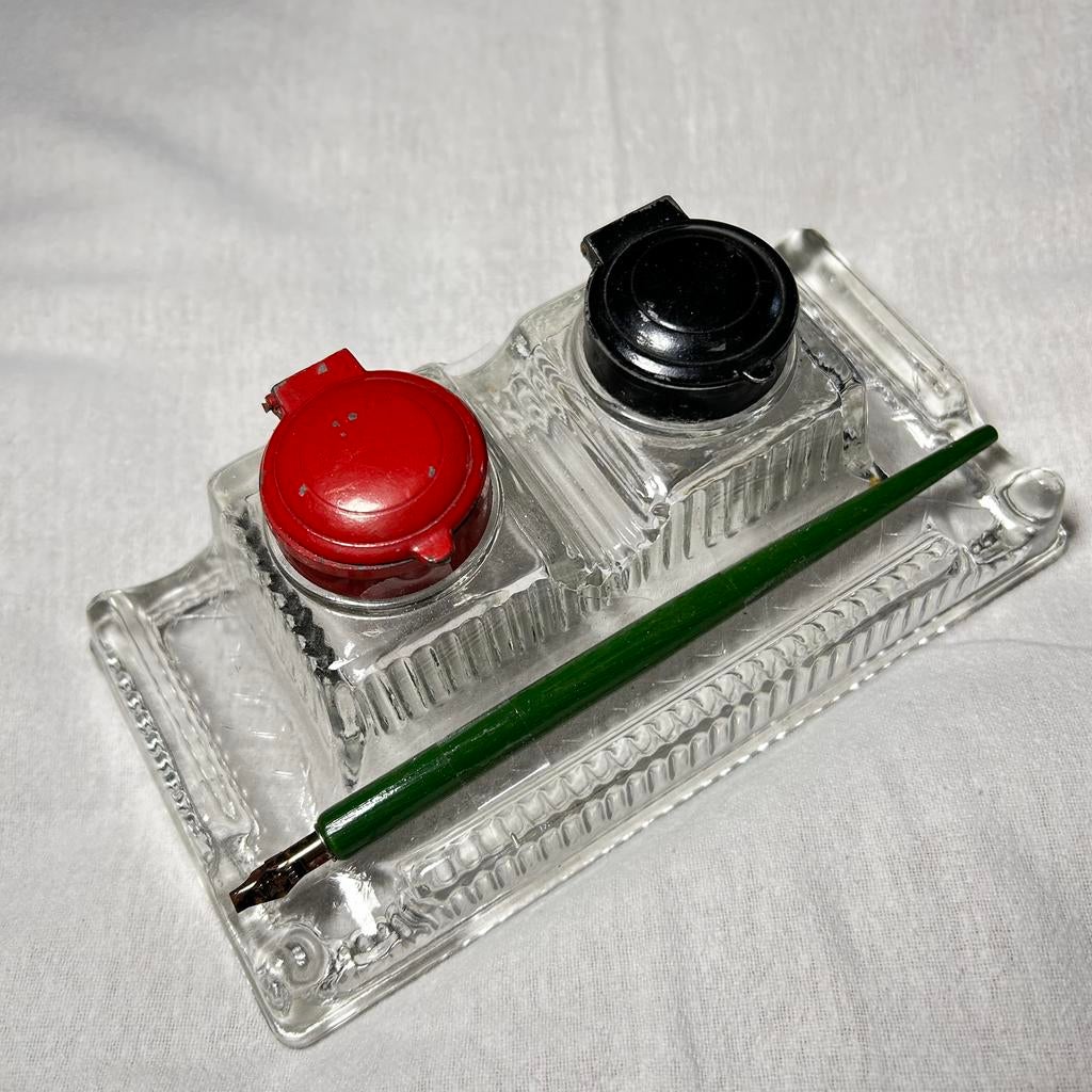 Antieke glazen inktpot set met 2 potjes en pen, Ophalen of Verzenden