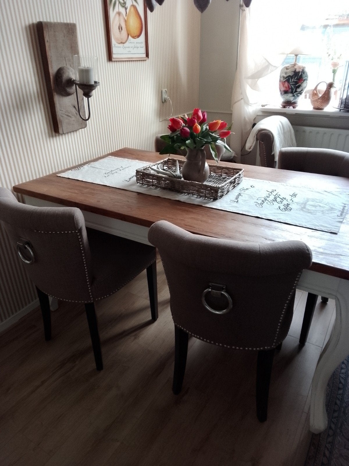 6 landelijke eetkamerstoelen taupekleur, gebruikt maar prima, Ophalen, Gebruikt, Overige kleuren, Landelijke stijl
