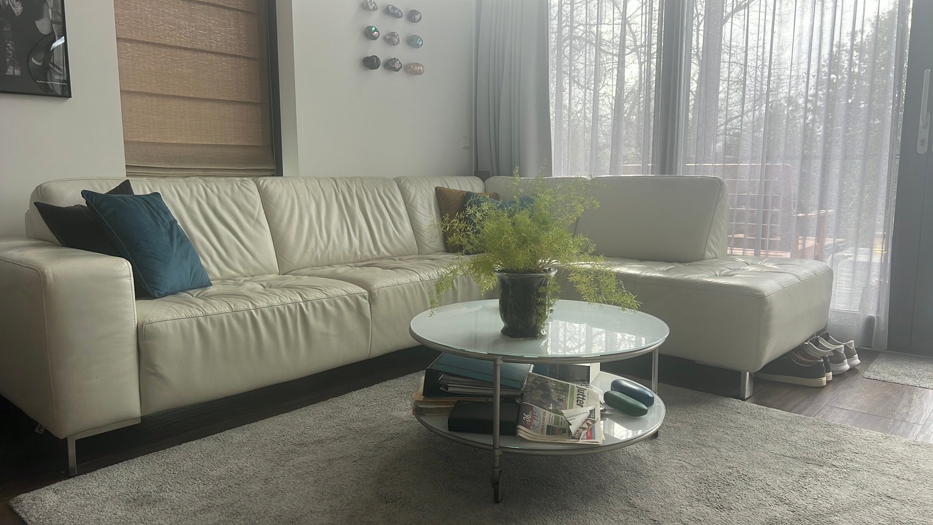Lederen Hoekbank - Crème Wit - Comfortabel en Ruim, Huis en Inrichting, 250 tot 300 cm, Gebruikt, Hoekbank, Ophalen of Verzenden
