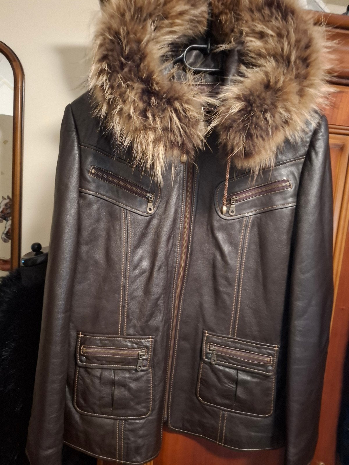 Nieuwe leren jas met bontkraag - Maat 42, Ophalen of Verzenden, Nieuw, Maat 42/44 (L), Bruin