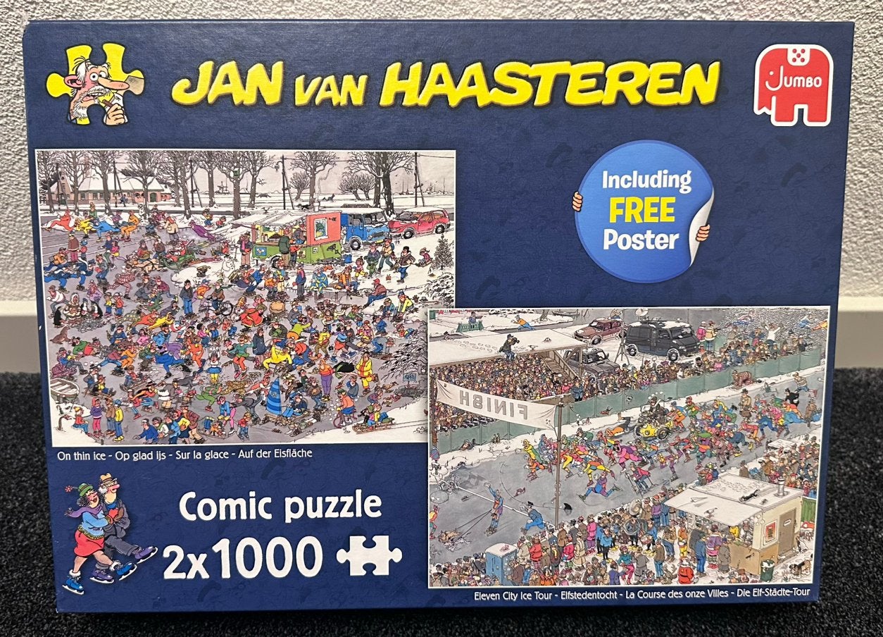 Jan van Haasteren puzzel 2x1000 OP GLAD IJS & ELFSTEDENTOCHT, Ophalen of Verzenden, 500 t/m 1500 stukjes, Zo goed als nieuw, Legpuzzel