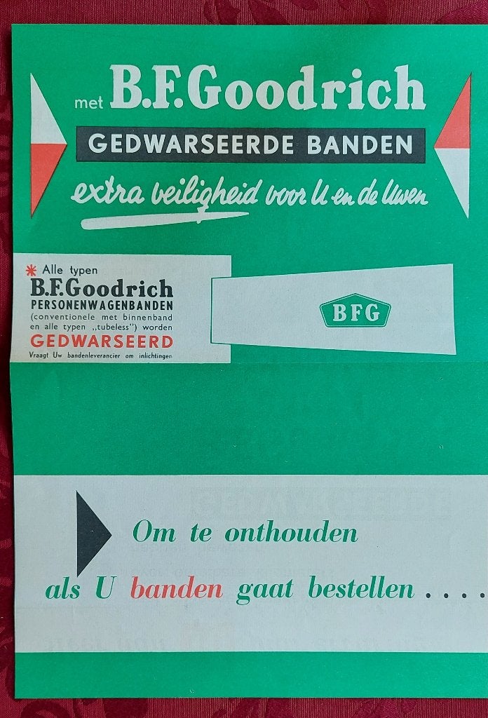Leaflet Reclame blad 1958 BF Goodrich Banden, Ophalen of Verzenden, Nieuw, Auto's