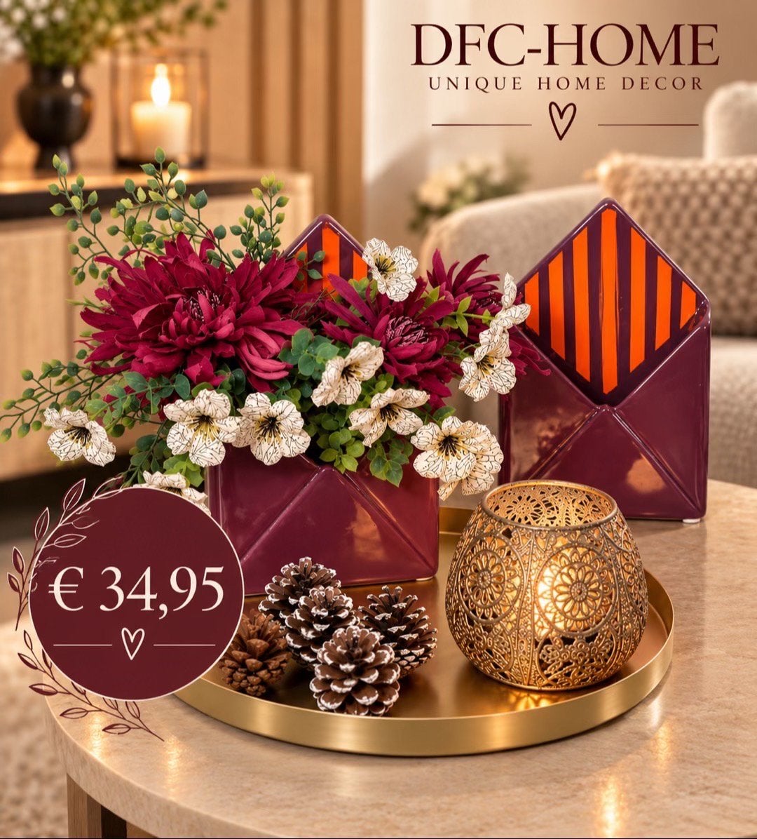 Burgundy Tafeldecoratie Set | Compleet | Envelop vaas, Binnen, Inclusief kunstbloemen, Ophalen of Verzenden, Boeket