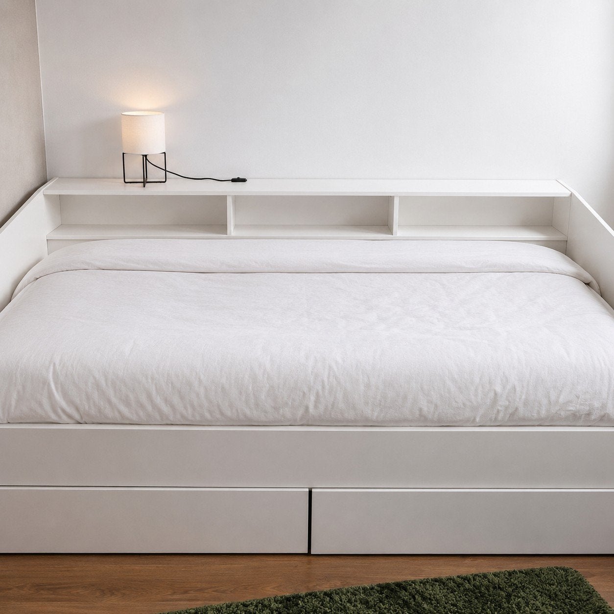 Wit eenpersoonsbed met opbergruimte en uitschuifbare laden, Ophalen, 100 cm, Wit, Zo goed als nieuw