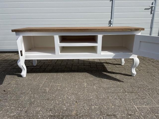 Nieuwe Queen Ann Tv-meubel 160cm Massief Teak bladwhite-wash, 1 of 2 laden, Landelijke Nieuwe Queen Ann Tv-meubel 160cm Massief Teak actie