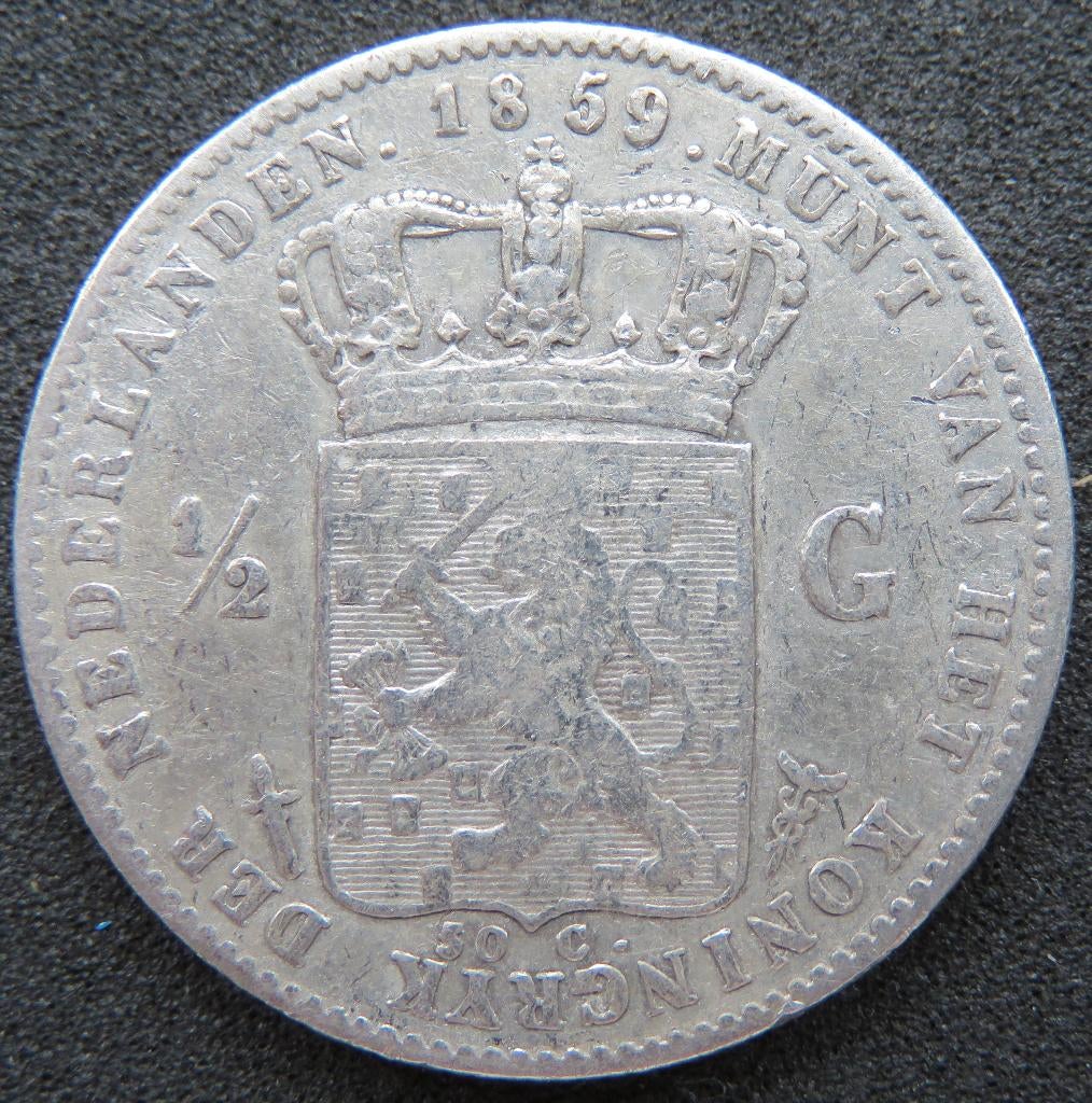 Halve Gulden 1859, Postzegels en Munten, Munten | Nederland, ½ gulden, Koning Willem III, Verzenden, Zilver