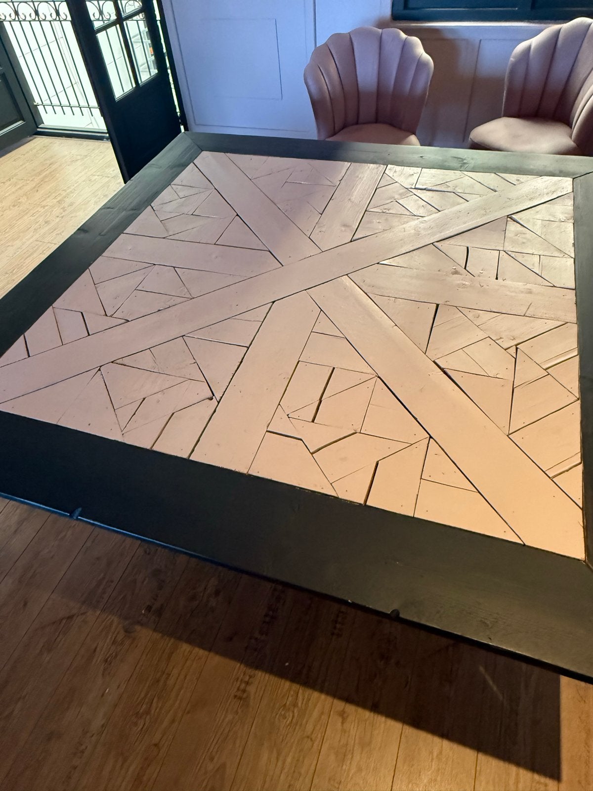 Vierkante eettafel 180x180 met ingelegd houten blad, Ophalen, Gebruikt, 150 tot 200 cm, Vierkant