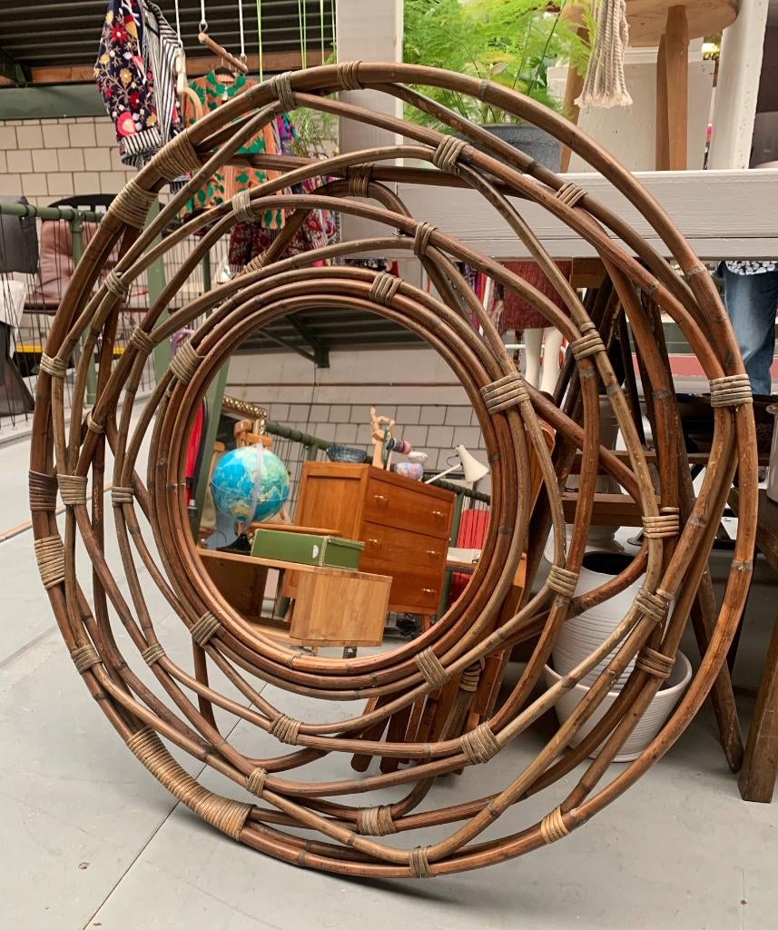 Hele grote rotan bamboe spiegel - vintage retro, Ophalen, Gebruikt, Onbekend, 75 tot 100 cm
