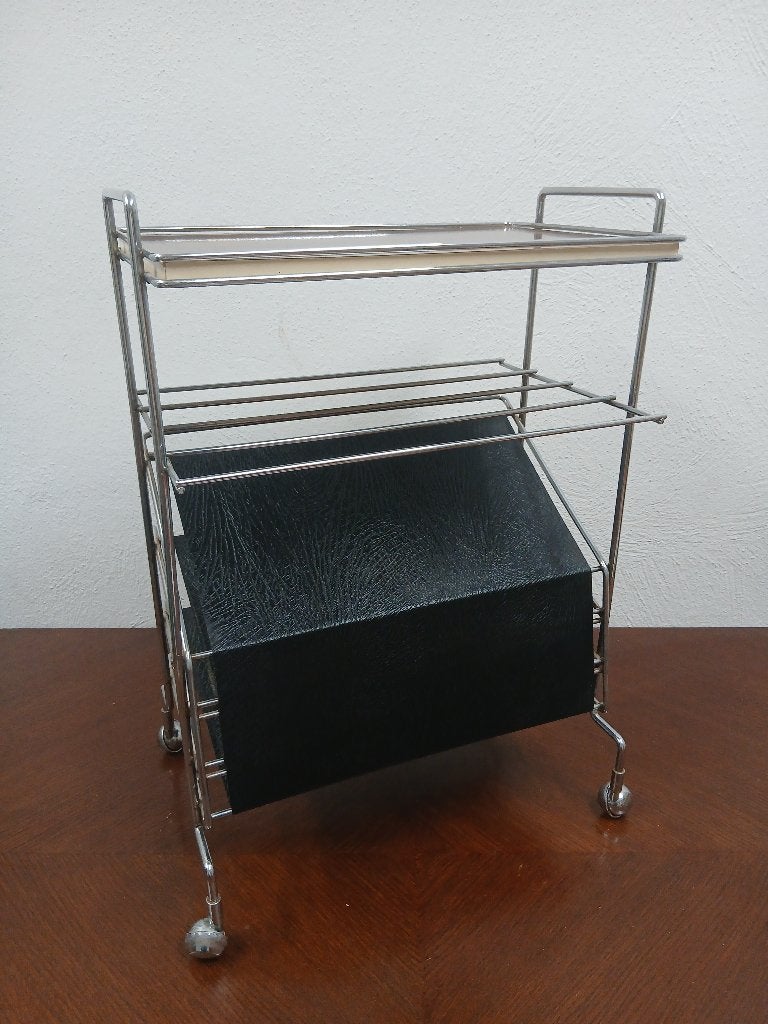 Vintage Voss serveerwagen / bar cart met tijdschriftenrek, Ophalen, Minder dan 55 cm, Gebruikt, Metaal of Aluminium