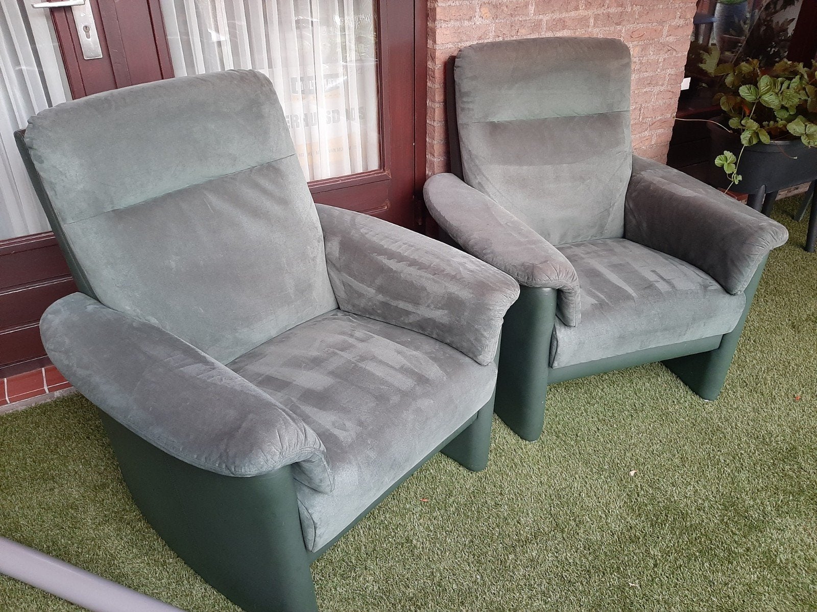Set Fauteuils /luie stoelen donkergroen leer/stof, Ophalen, Gebruikt, 75 tot 100 cm, Leer