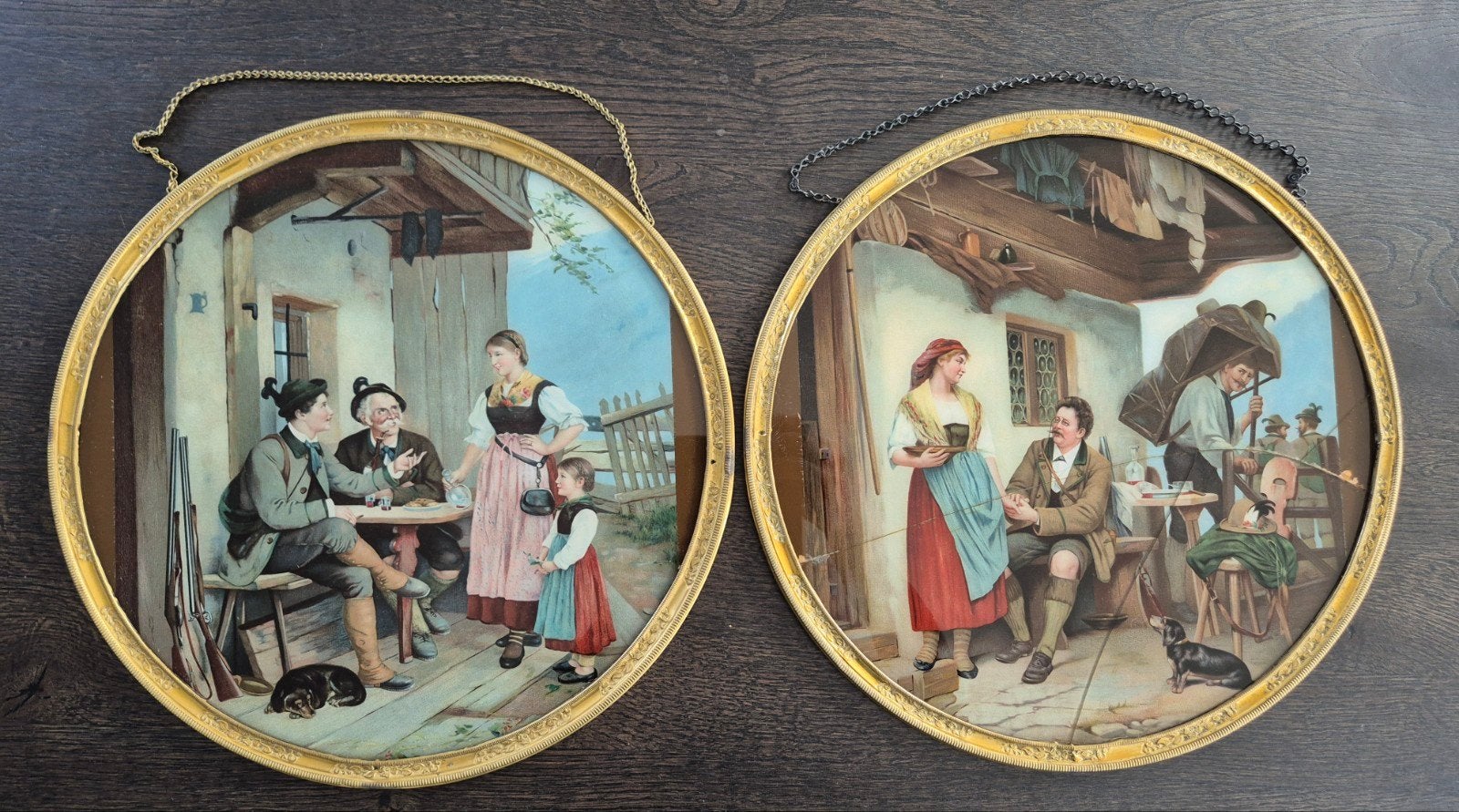 2 Antieke, ronde wandplaten/schilderijen, Antiek en Kunst, Ophalen, Klassiek, Achter glas