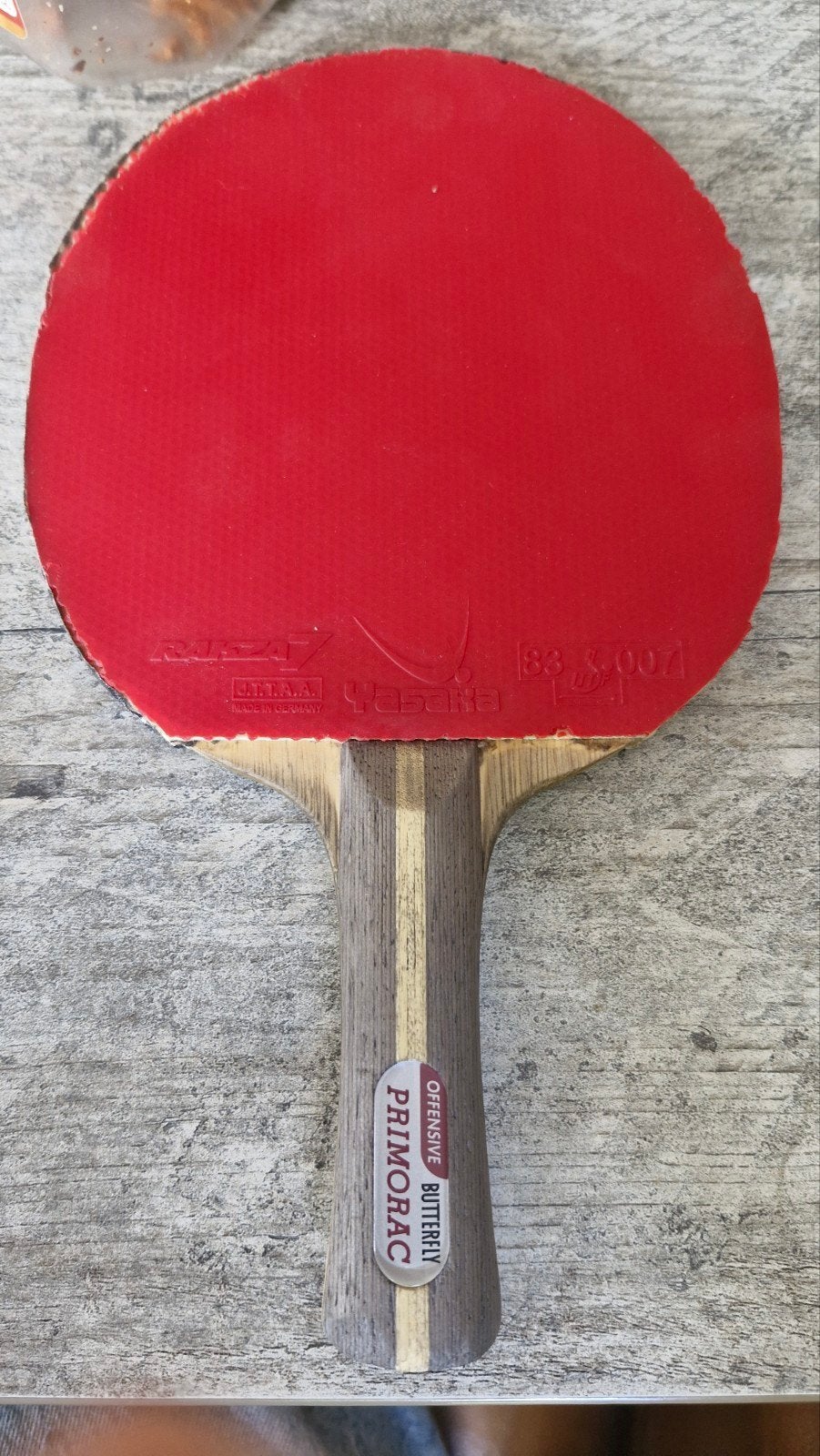 Butterfly Primorac Tafeltennisbatje met Rakza 7 rubbers, Sport en Fitness, Ophalen of Verzenden, Gebruikt, Net, Batje(s) of Balletje(s)