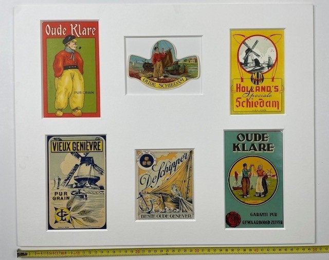 prent in passepartout met jenever etiketten, Ophalen of Verzenden, Voor 1940, Gebruikt, Overige onderwerpen
