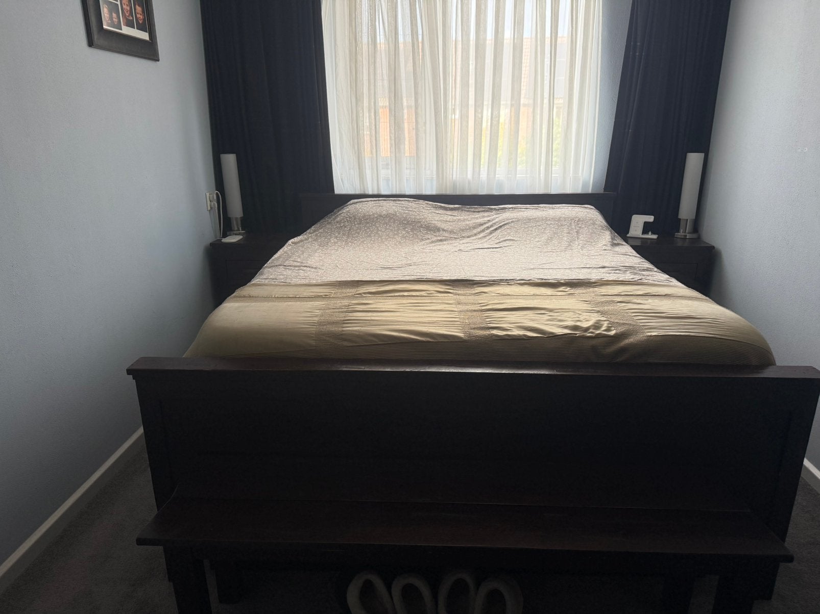 Bed, donker eiken 180 x 200, Ophalen, Gebruikt, Bruin, Tweepersoons