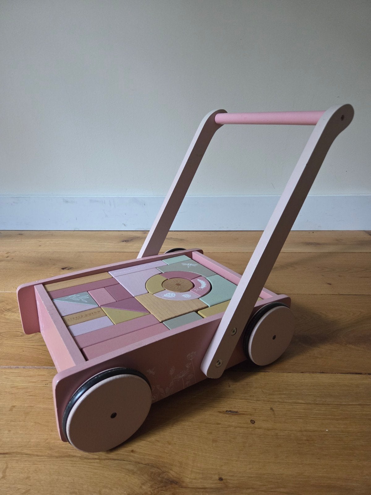 Little Dutch Houten Loopwagen met Blokken - Roze, Ophalen, Zo goed als nieuw, Overige typen, Met wieltjes