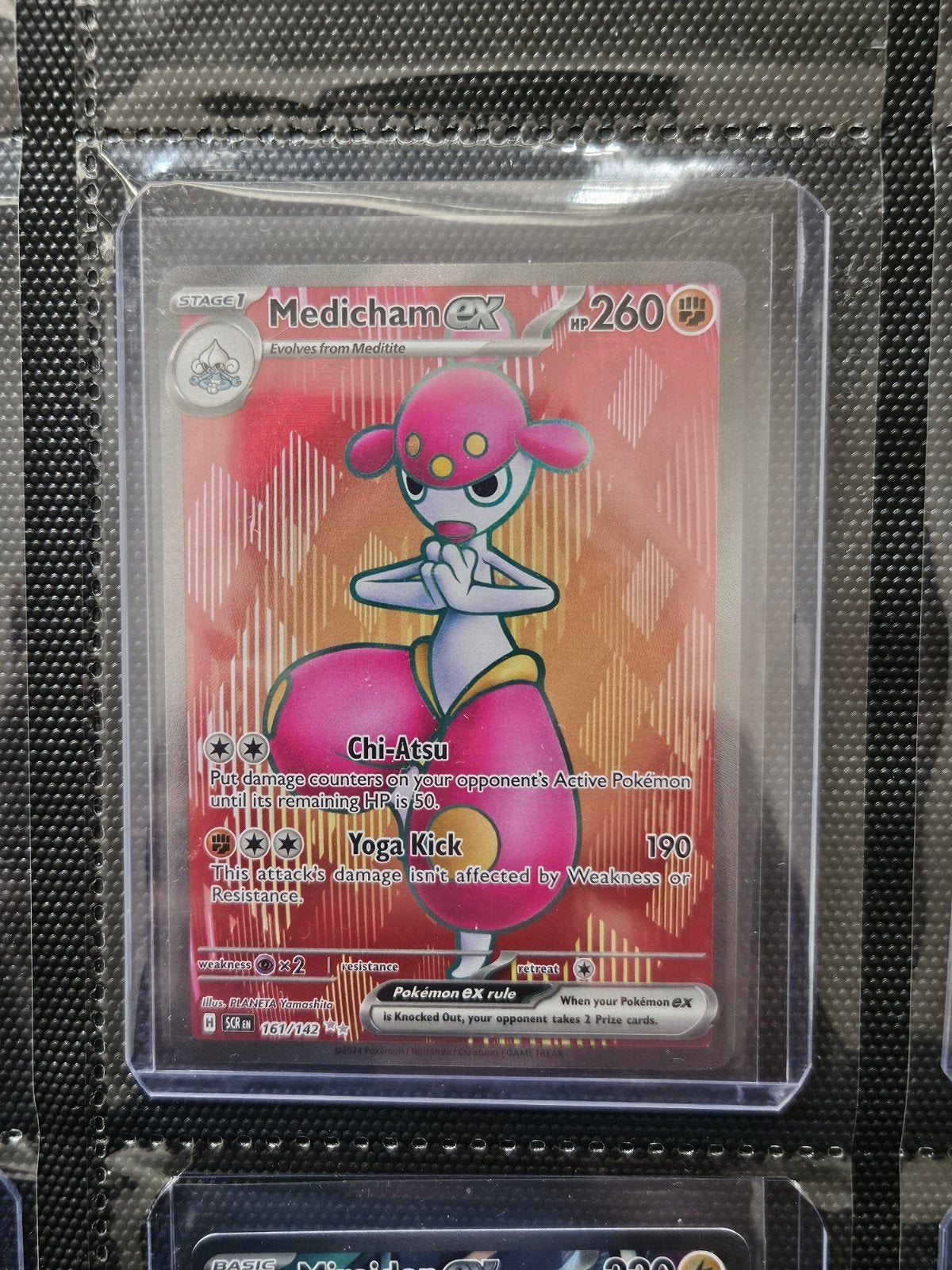 Pokemon Medicham ex 161/142 Stellar Crown, Ophalen of Verzenden, Zo goed als nieuw, Losse kaart, Foil