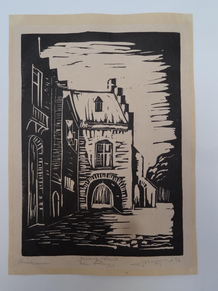 houtsnede Gevangenpoort Den Haag, J. Burger, 1933, Antiek en Kunst, Kunst | Etsen en Gravures, Architectuur, 1950 - 1999, Verzenden