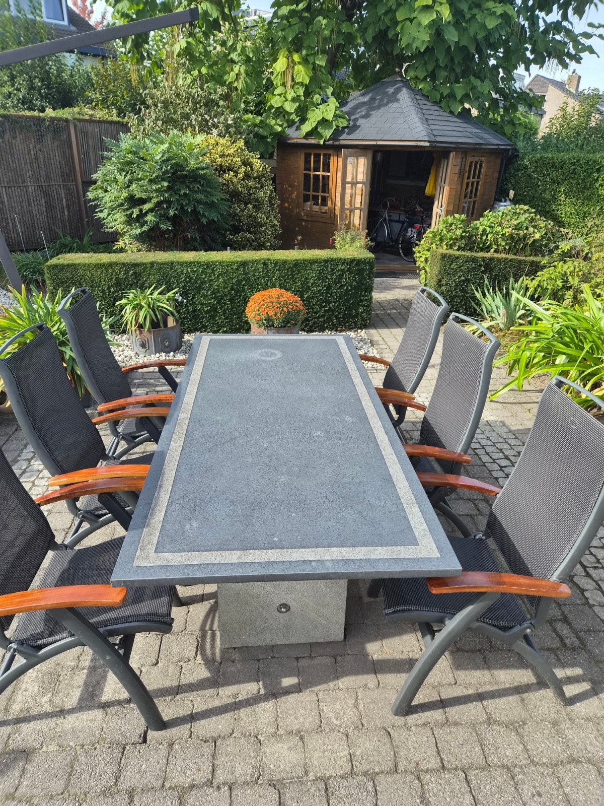Robuuste tuintafel met stenen blad en RVS accenten, Ophalen, Gebruikt, Rechthoekig, Rvs