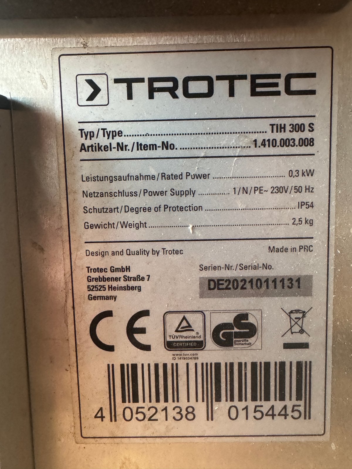 Trotec TIH 300 S Infrarood Paneel - 300 Watt, Ophalen, 30 tot 80 cm, Gebruikt, Overige typen