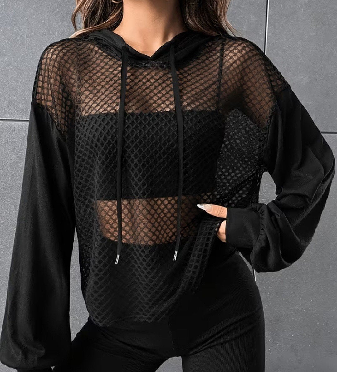 Zwarte Mesh Hoodie XL – Rave Techno Festival – Unisex, Ophalen of Verzenden