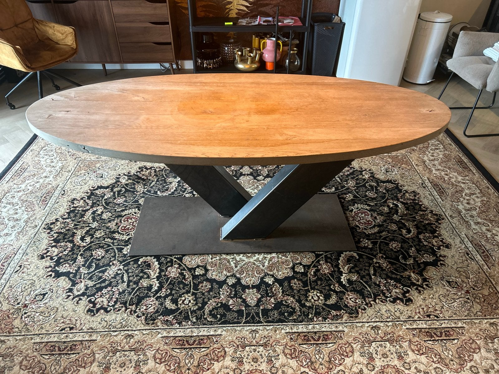 Ovale eettafel met metalen onderstel 200 x 89, Gebruikt, 100 tot 150 cm, Eikenhout, Ophalen of Verzenden