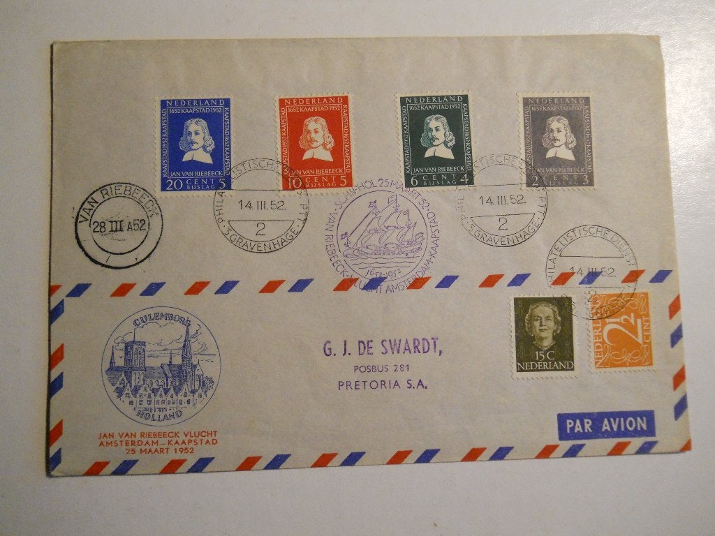 Nederland 1952 Cover Van Riebeeck-zegels 1e dag afstempeling, Postzegels en Munten, Ophalen of Verzenden, Brief