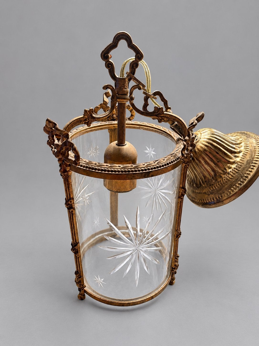 1. Antieke Franse Hallantaarn – Geslepen Glas  (Messing), Ophalen