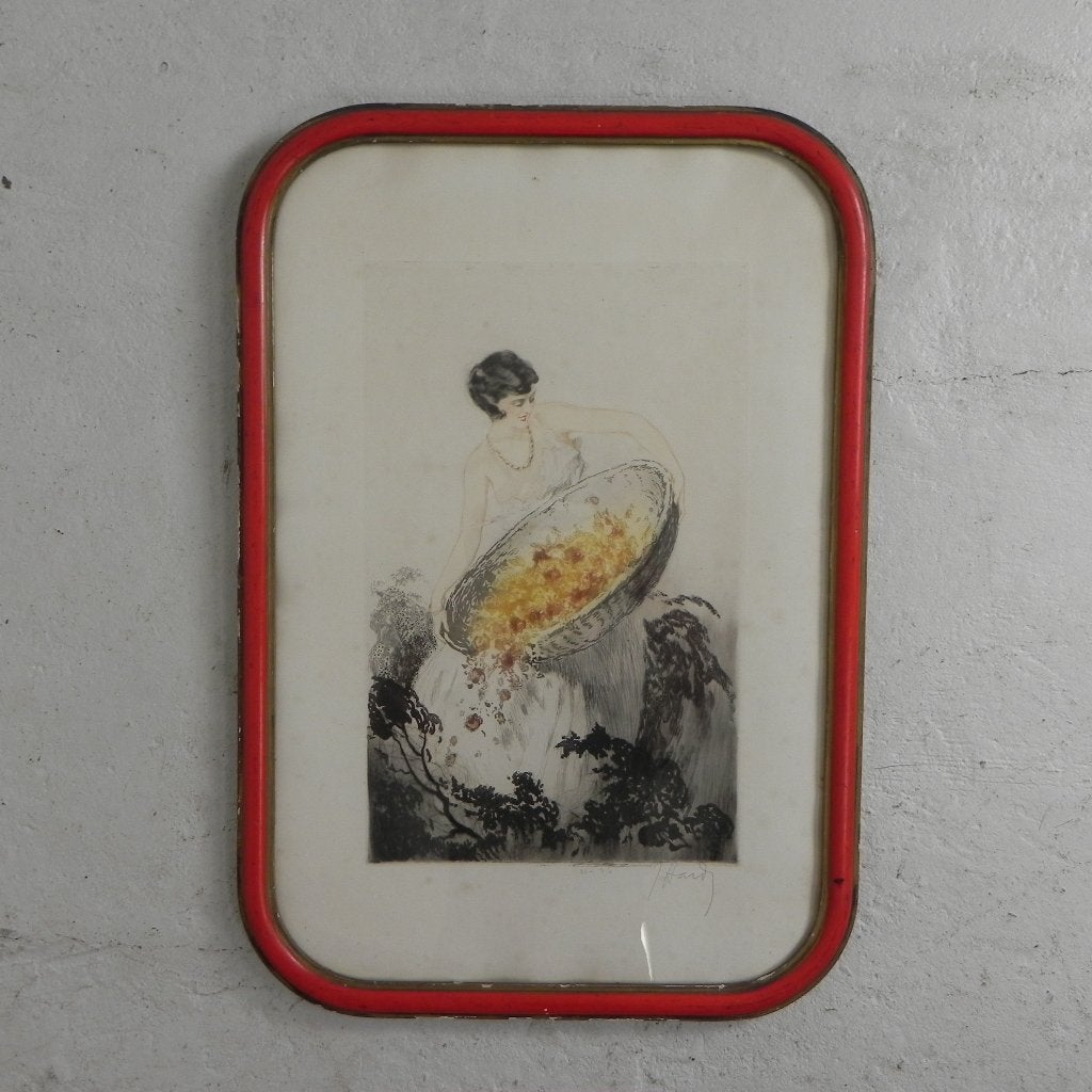 Litho Jean Hardy met dame en bloemen Louis Icart, jaren 20, Antiek en Kunst, Ophalen of Verzenden