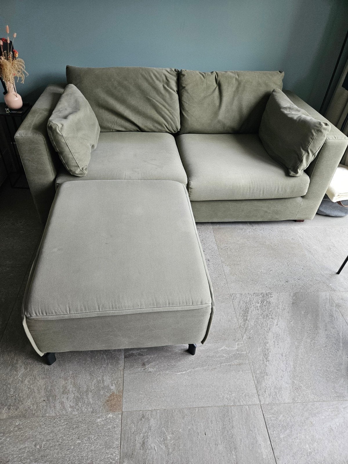 Comfortabele olijfkleurige 2,5-zitsbank met diepe zit, Ophalen, Gebruikt, Tweepersoons, 75 tot 100 cm