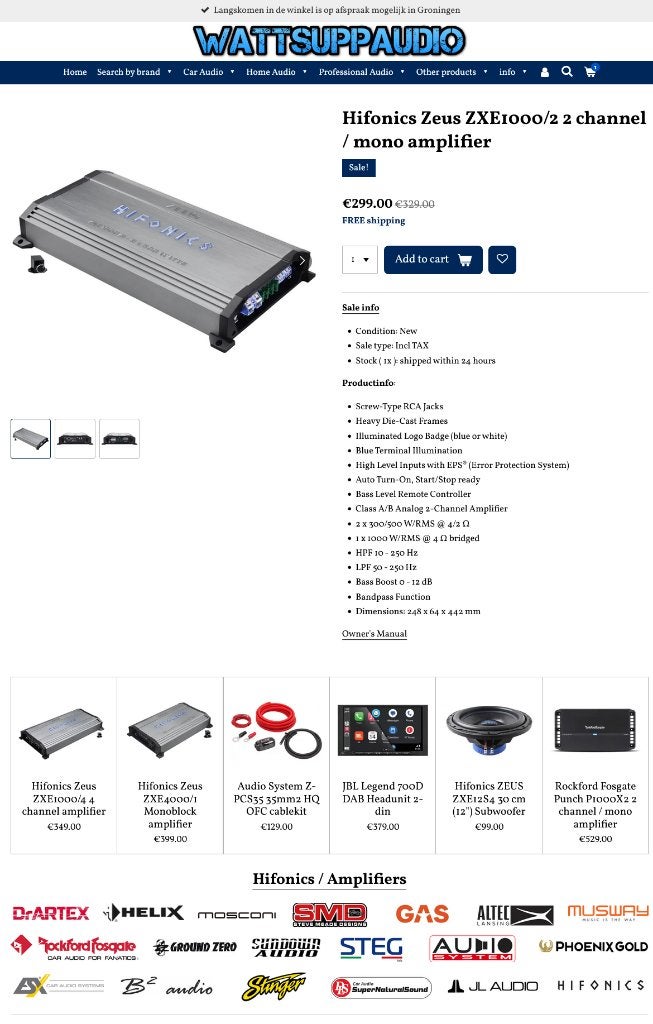 Hifonics Zeus ZXE1000/2 2 kanaals /mono versterker 1000W RMS, Audio Design, Nieuw, Am Breilingsweg 3, 76709 Kronau, Duitsland