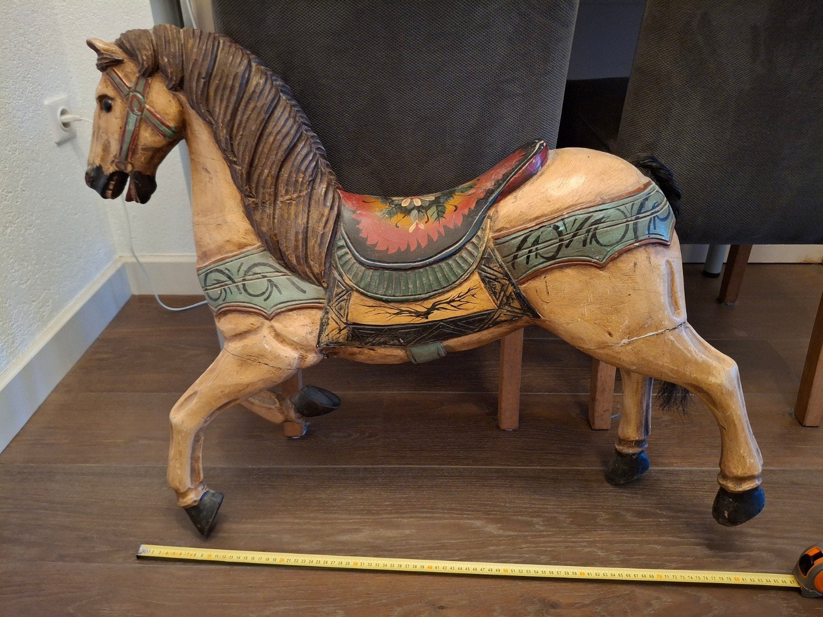 Antiek houten carrouselpaard / draaimolenpaard – 66 cm – gla, Ophalen, 50 - 100 cm, Hout, Beschilderd