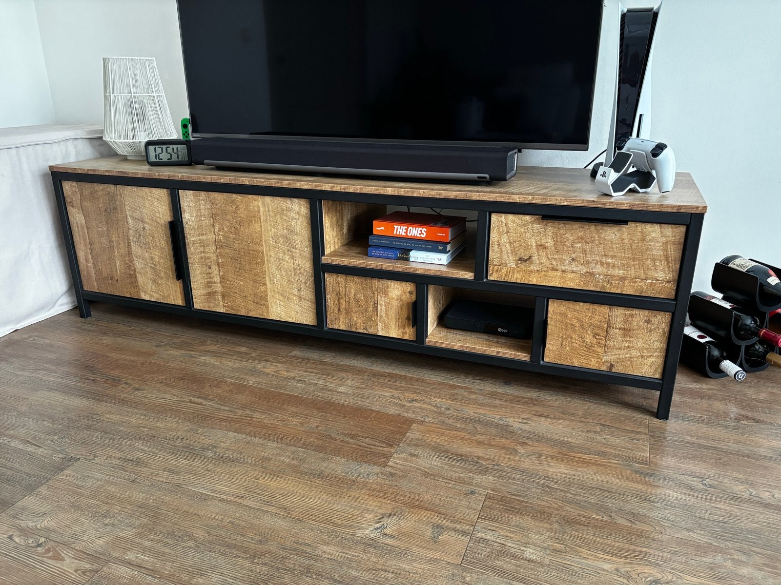 TV-meubel old teak, frame zwart metaal, Ophalen, 150 tot 200 cm, Zo goed als nieuw, Minder dan 100 cm