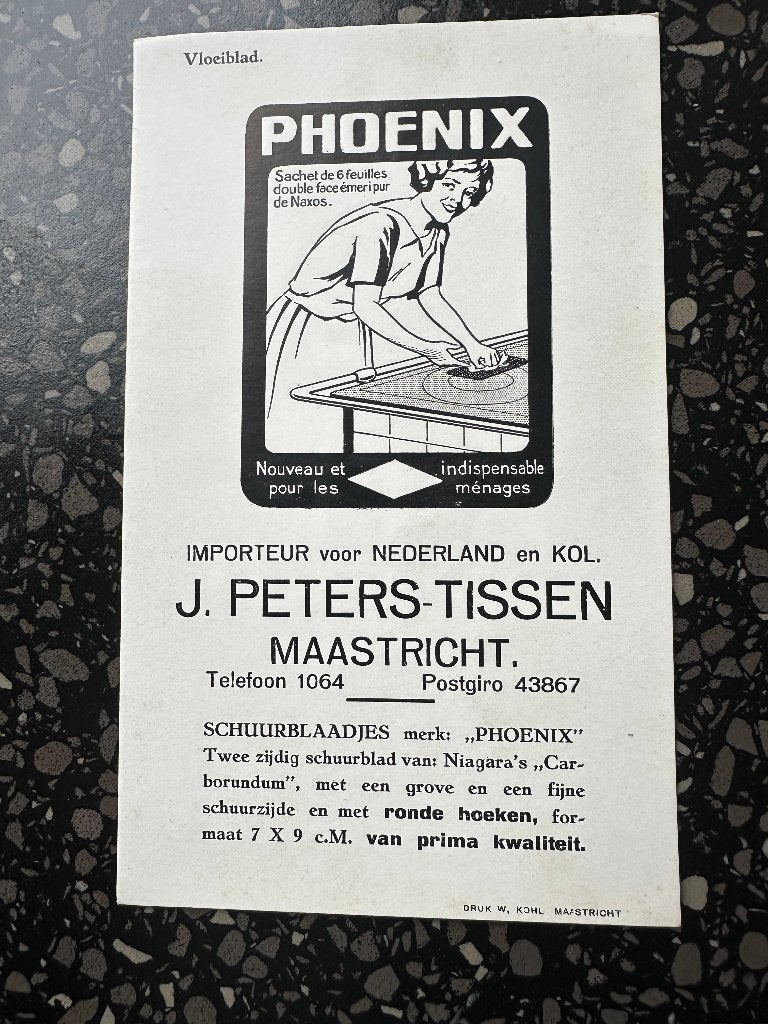 Vloeiblad Phoenix schuurblaadjes J. Peters–Tissen Maastricht, Ophalen of Verzenden, Gebruikt, Gebruiksvoorwerp