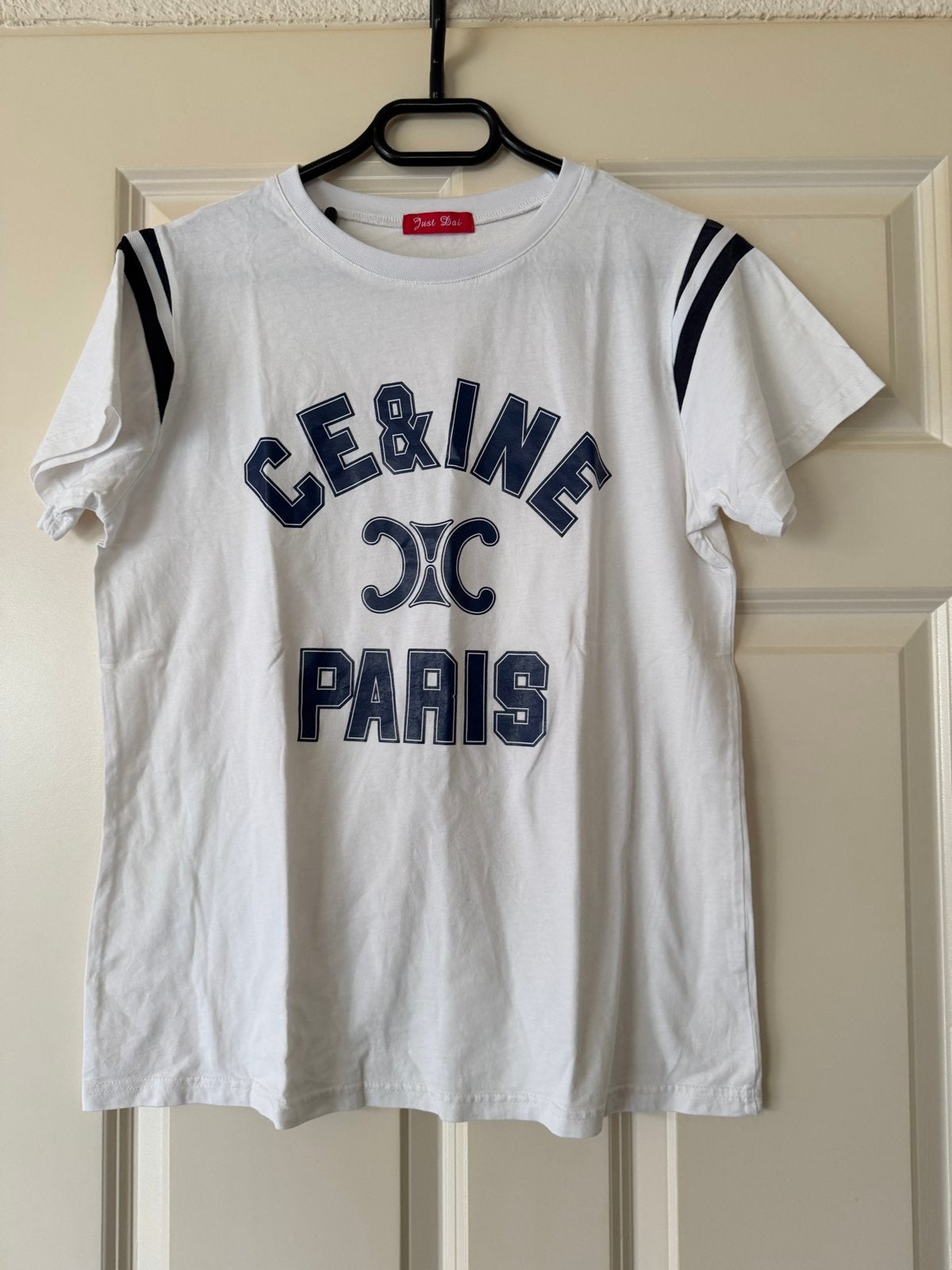 Wit T-shirt met 'CE&INE PARIS' opdruk en strepen m, Maat 38/40 (M), Wit, Ophalen of Verzenden, Zo goed als nieuw