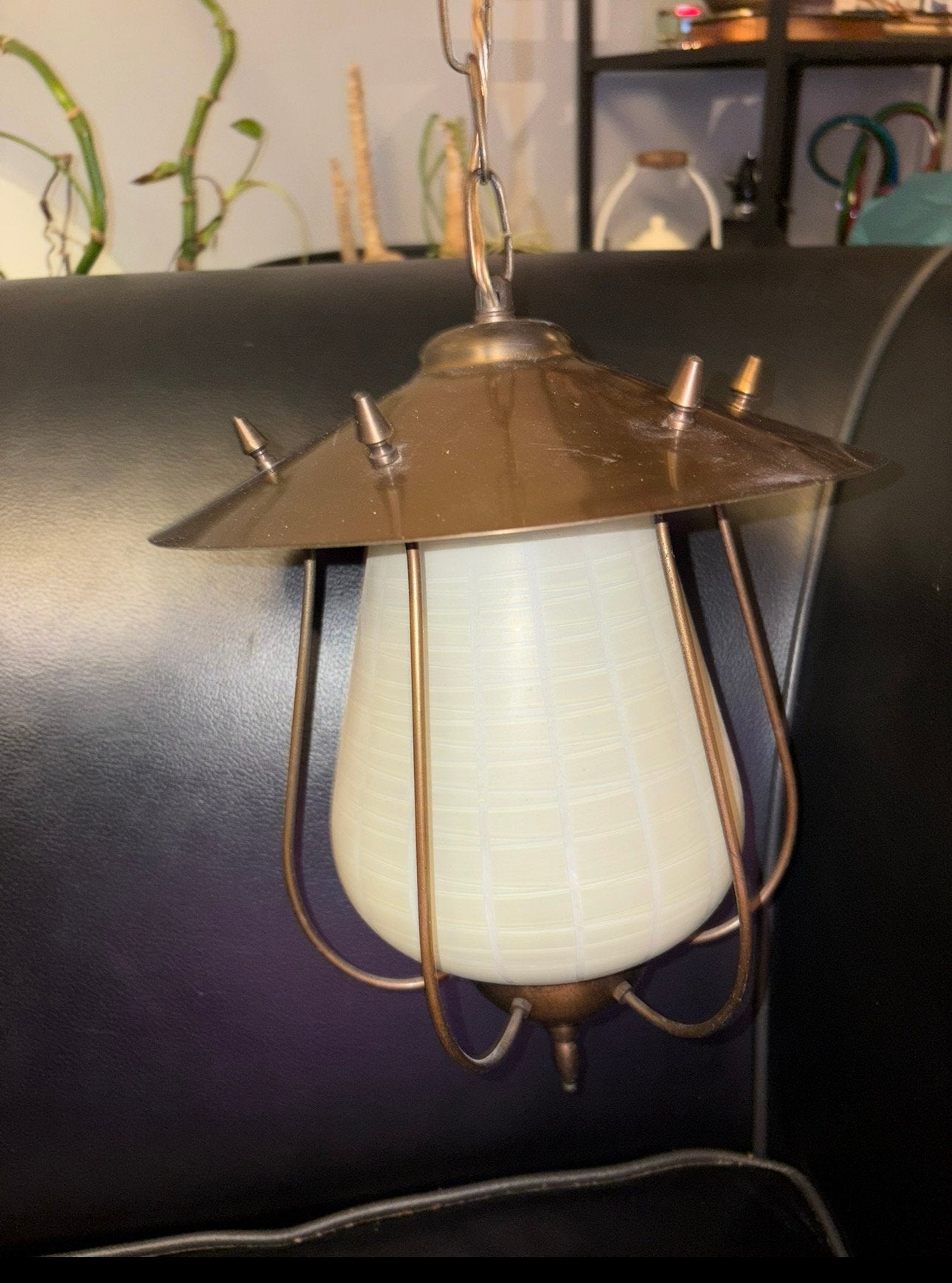 vintage koperen hanglamp (lantaarnmodel) opalen glazen, Ophalen of Verzenden, Zo goed als nieuw, Metaal