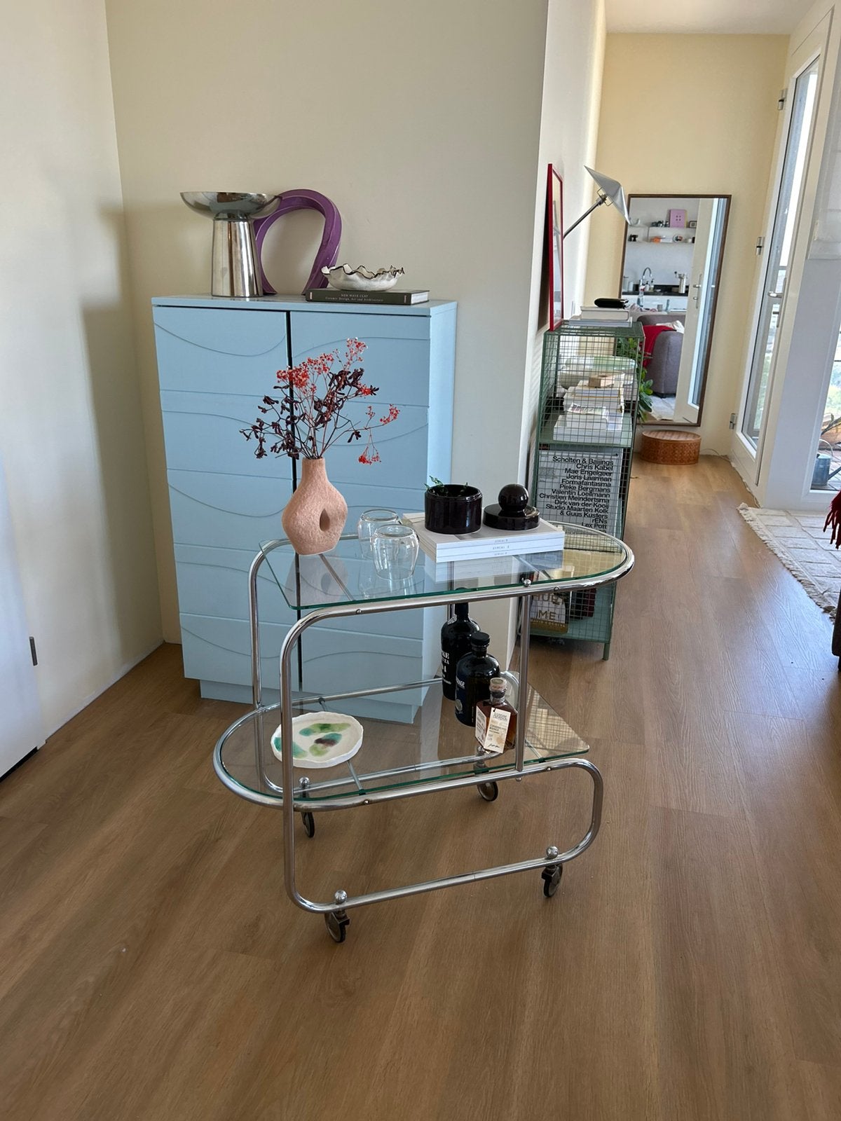 Vintage chroom serveerwagen met glas – Art Deco trolley, Gebruikt, 50 tot 100 cm, 75 cm of meer, Glas