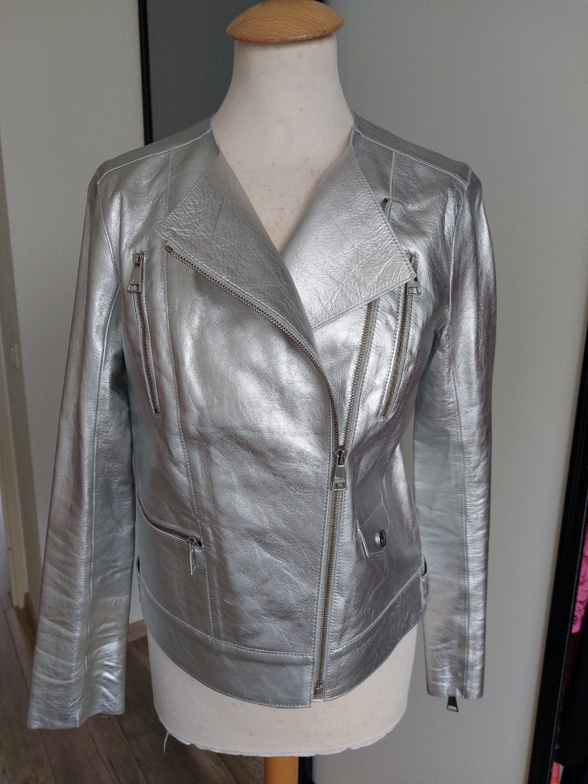 Karl Lagerfeld metallic leren bikerjack - Maat 42, Karl Lagerfeld, Ophalen of Verzenden, Nieuw, Maat 36 (S)