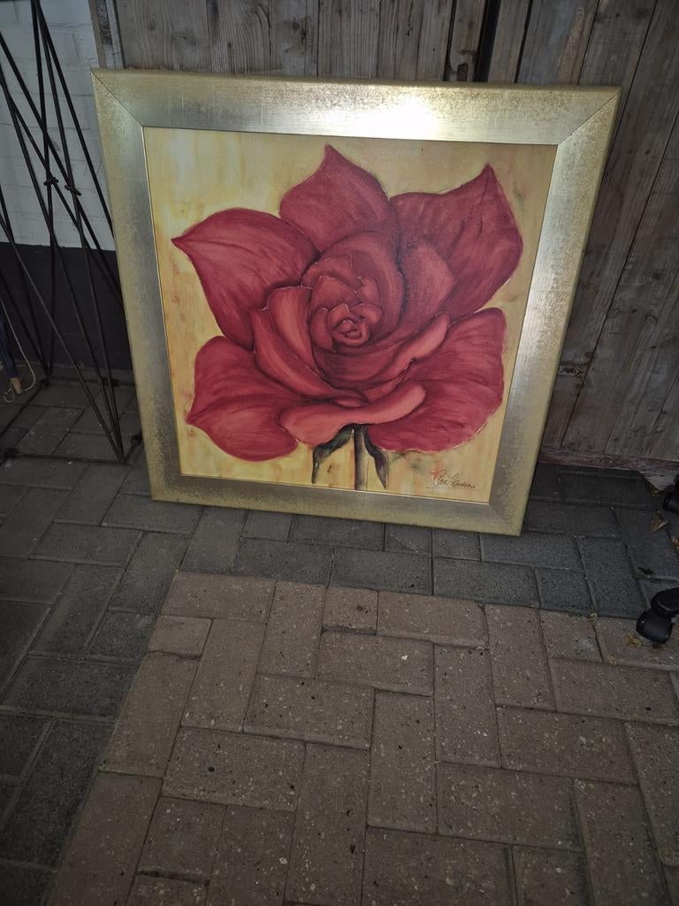 Groot Schilderij Rode Roos met Gouden Lijst, Ophalen of Verzenden