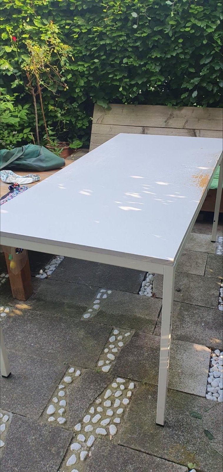 Eettafel houten blad metalen onderstel en heeft TLC nodig:), Ophalen, Gebruikt, Rechthoekig, Hout